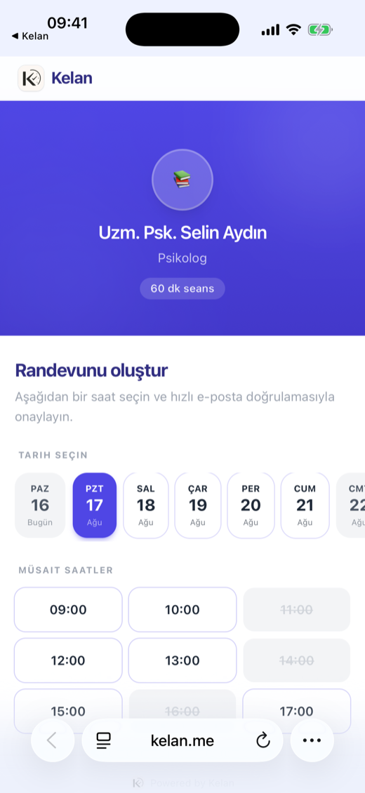 Danışanın telefonunda açılan kelan.me rezervasyon sayfası: tarih şeridi ve uygun saatler.